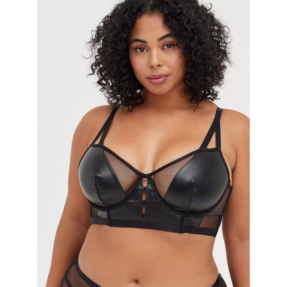 Torrid Size 1 Black Faux Leather Mesh Black Unlined Longline Underwire Bralette